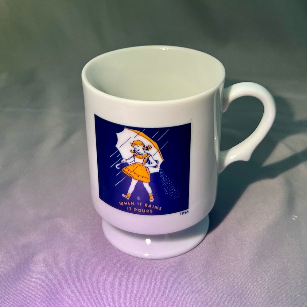 The Morton Salt Girls Pedestal Coffee Cup 150 Year Anniversary Advertising
